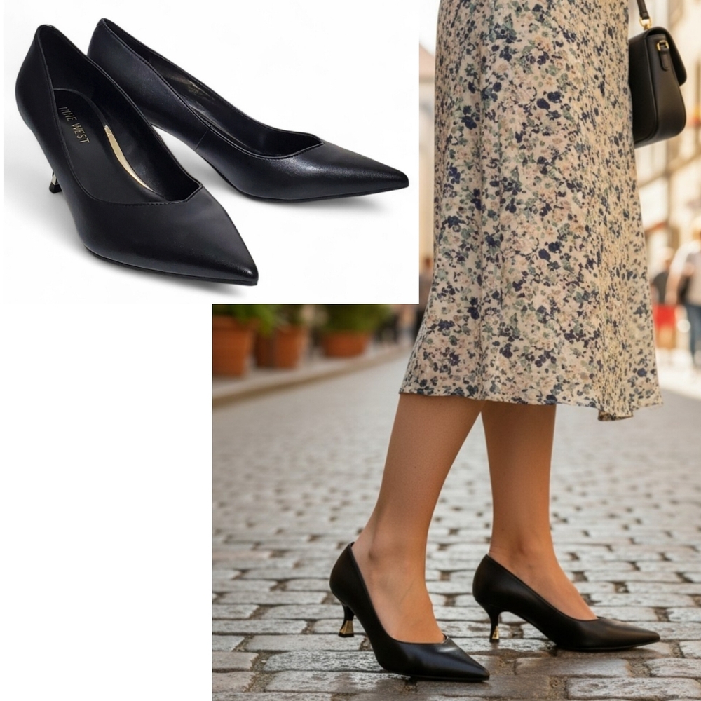 New Nine West Andes kitten heel dress pumps black faux leather career academia - Picture 3 of 13